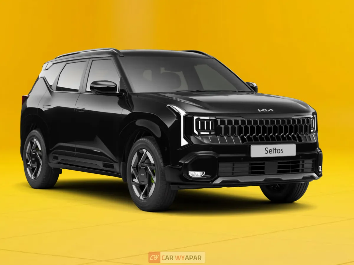 Front perspective of a black Seltos GTX on a yellow background.